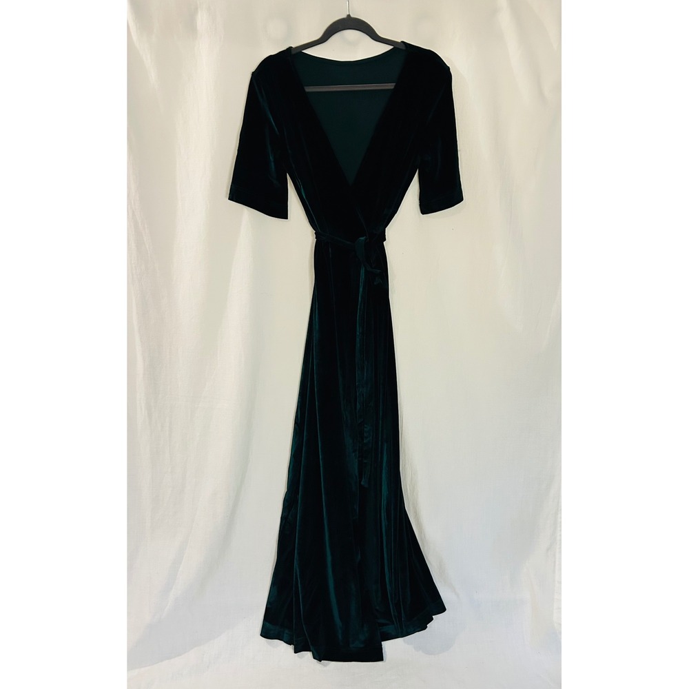BXZ Classic Fashion Forest Green Velvet Wrap Maxi Dress Short Sleeve V-Neck NWT
